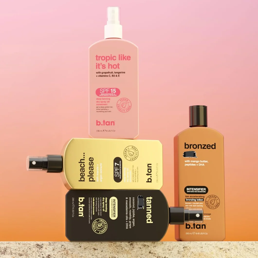b.tan Intensifier Deep Tanning Dry Spray Oil | Opalony AF – uzyskaj szybszą, ciemniejszą opaleniznę dzięki aktywnym składnikom przyspieszającym opalanie, wypełniony olejkami ultra nawilżającymi, aby utrzymać skórę nawilżoną, wegański, 8 uncji uncji