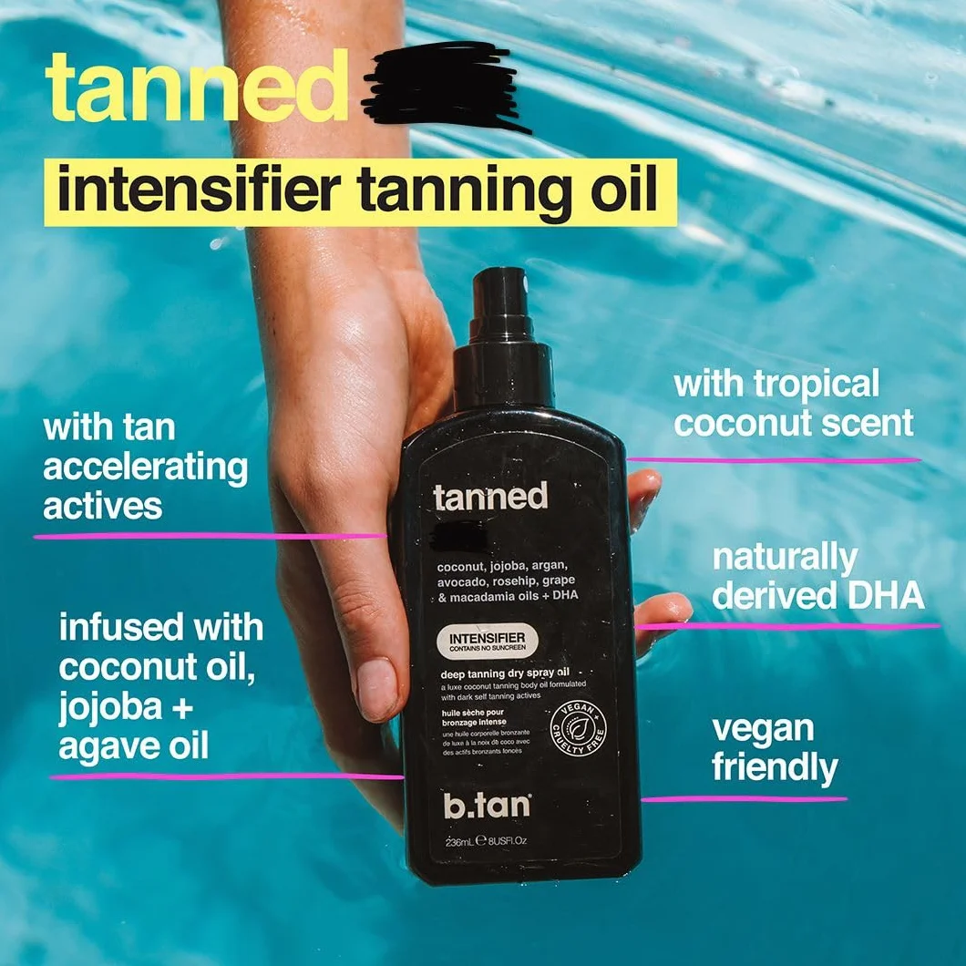 b.tan Intensifier Deep Tanning Dry Spray Oil | Opalony AF – uzyskaj szybszą, ciemniejszą opaleniznę dzięki aktywnym składnikom przyspieszającym opalanie, wypełniony olejkami ultra nawilżającymi, aby utrzymać skórę nawilżoną, wegański, 8 uncji uncji