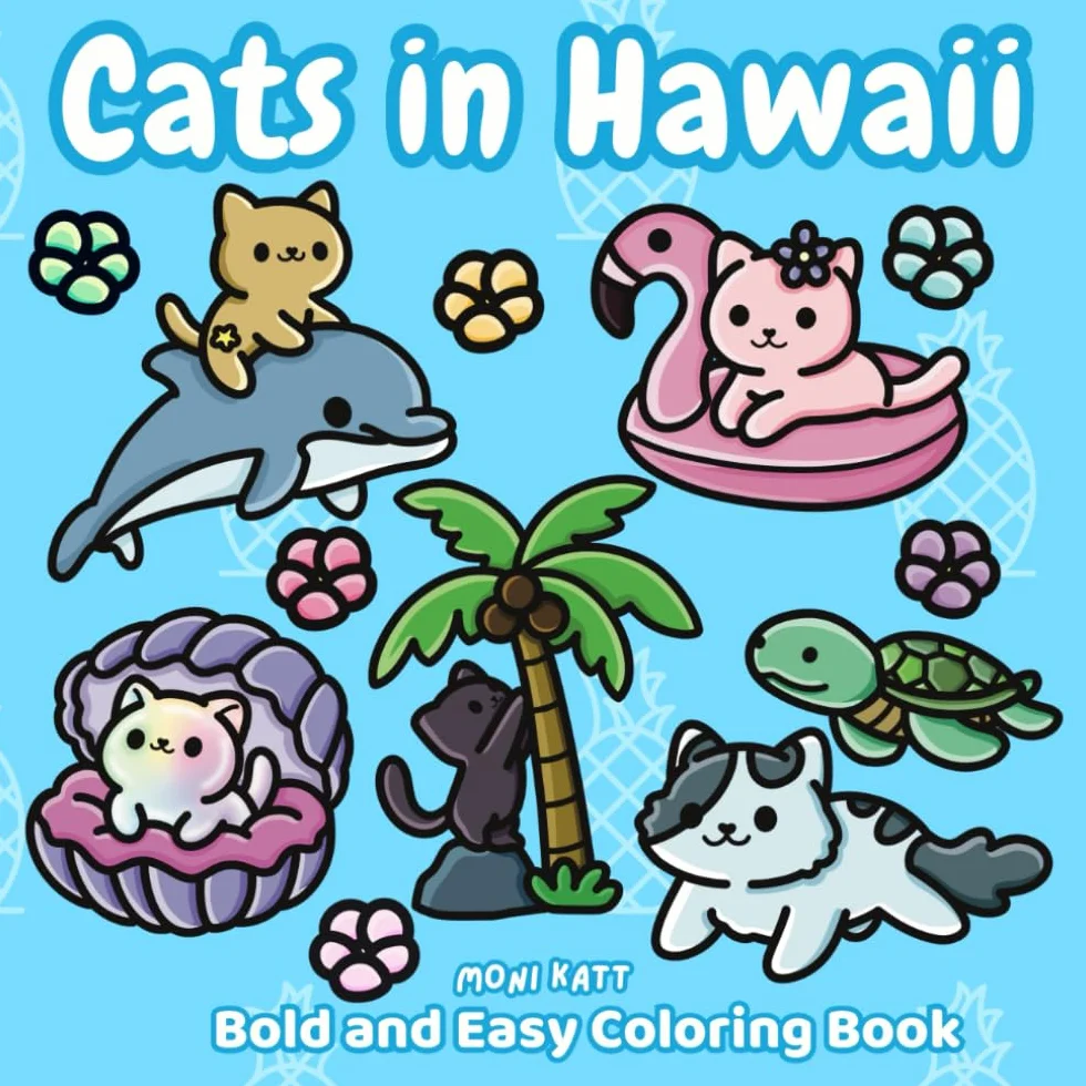 Cats in Hawaii A Bold and Easy Coloring Book for Adults: A Fun Summer and Beach themed Vacation for Cats