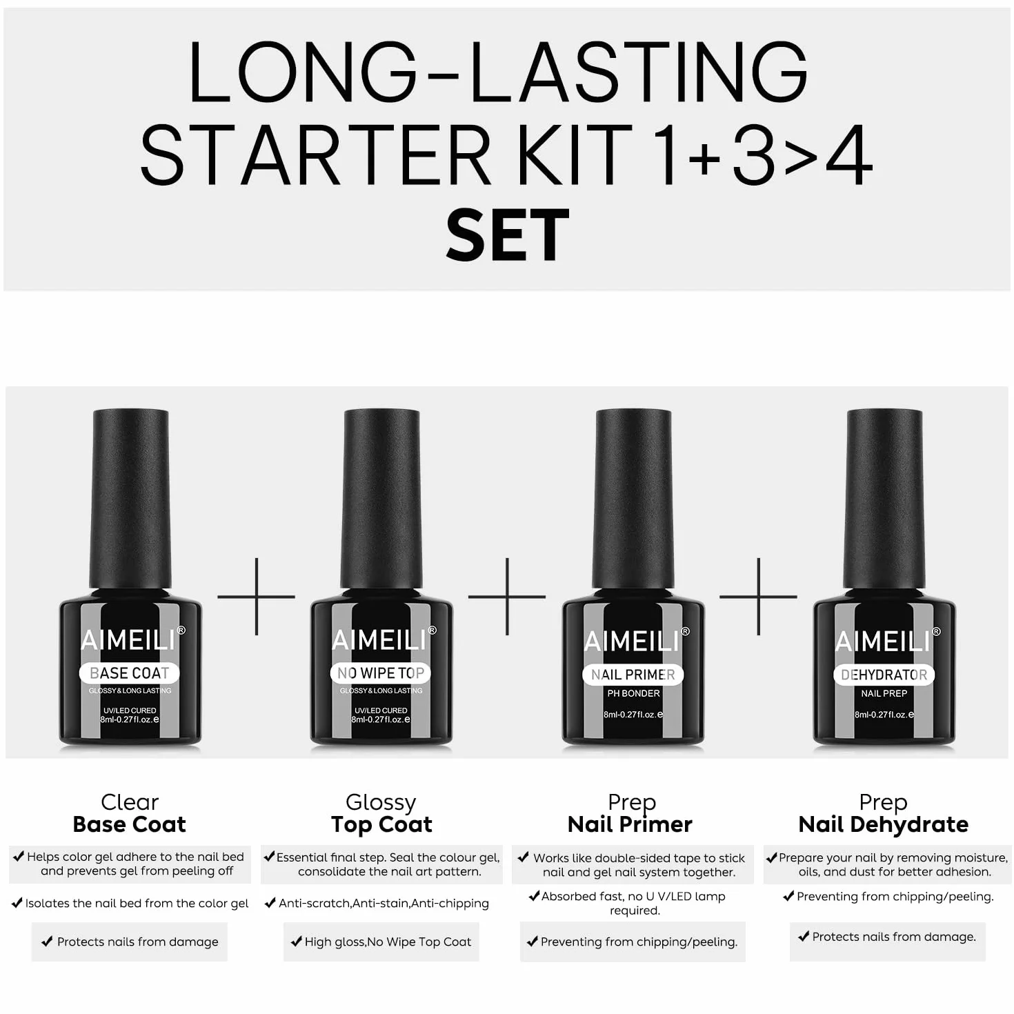 AIMEILI Nail Prep i Primer Base & Top Coat Paznokcie do żelu, dehydratora i podkładu oraz lakieru nawierzchniowego i półtrwałego zestawu do paznokci 4 x 8 ml
