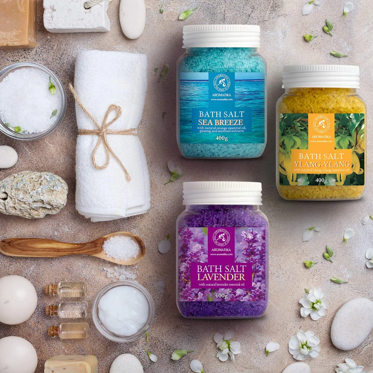 Zestaw do Kąpieli Sole - Lawendą - Morska Bryza - Ylang-Ylang - Olejki Eteryczne - 3x400g - Kojąca Kąpiel - Sole do Kąpieli - Relaksacyjna Sól do Kąpieli - Aromaterapia - Kąpiel z Morskimi Solami