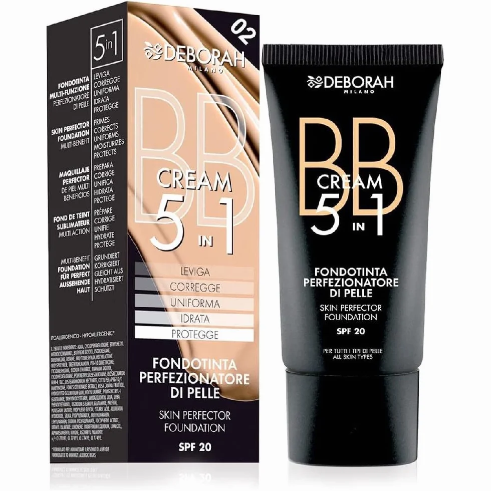 Deborah Milano BB Cream 5 w 1, 02 Beżowy podkład do twarzy, działanie przeciwutleniające, minimalizuje skazy i zapewnia gładką, odżywioną skórę, 30 ml