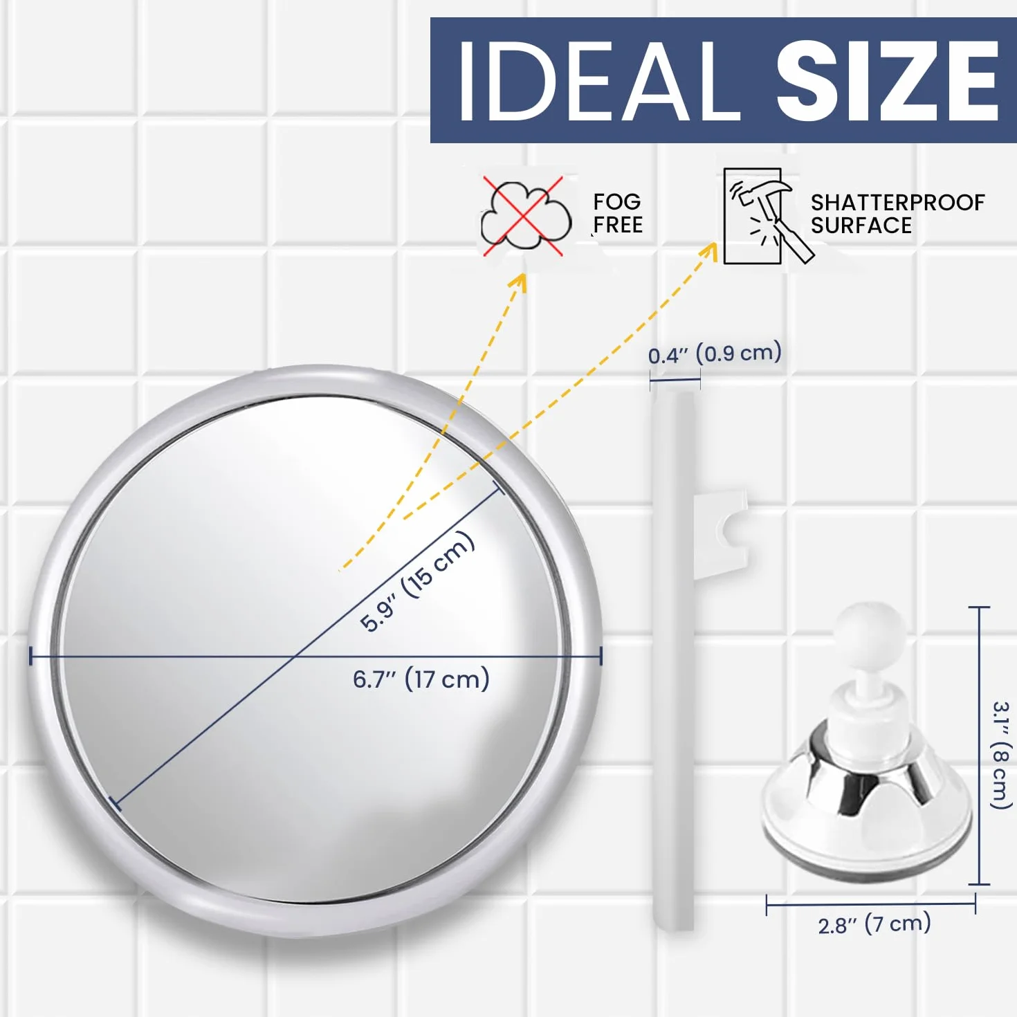 MIRRORVANA Lusterko prysznicowe przeciwmgielne, nierozbijalny okrągły design z obrotem 360° i regulowaną przyssawką - najlepiej nadaje się do golenia i użytku w łazience - średnica 17 cm (klasyczny