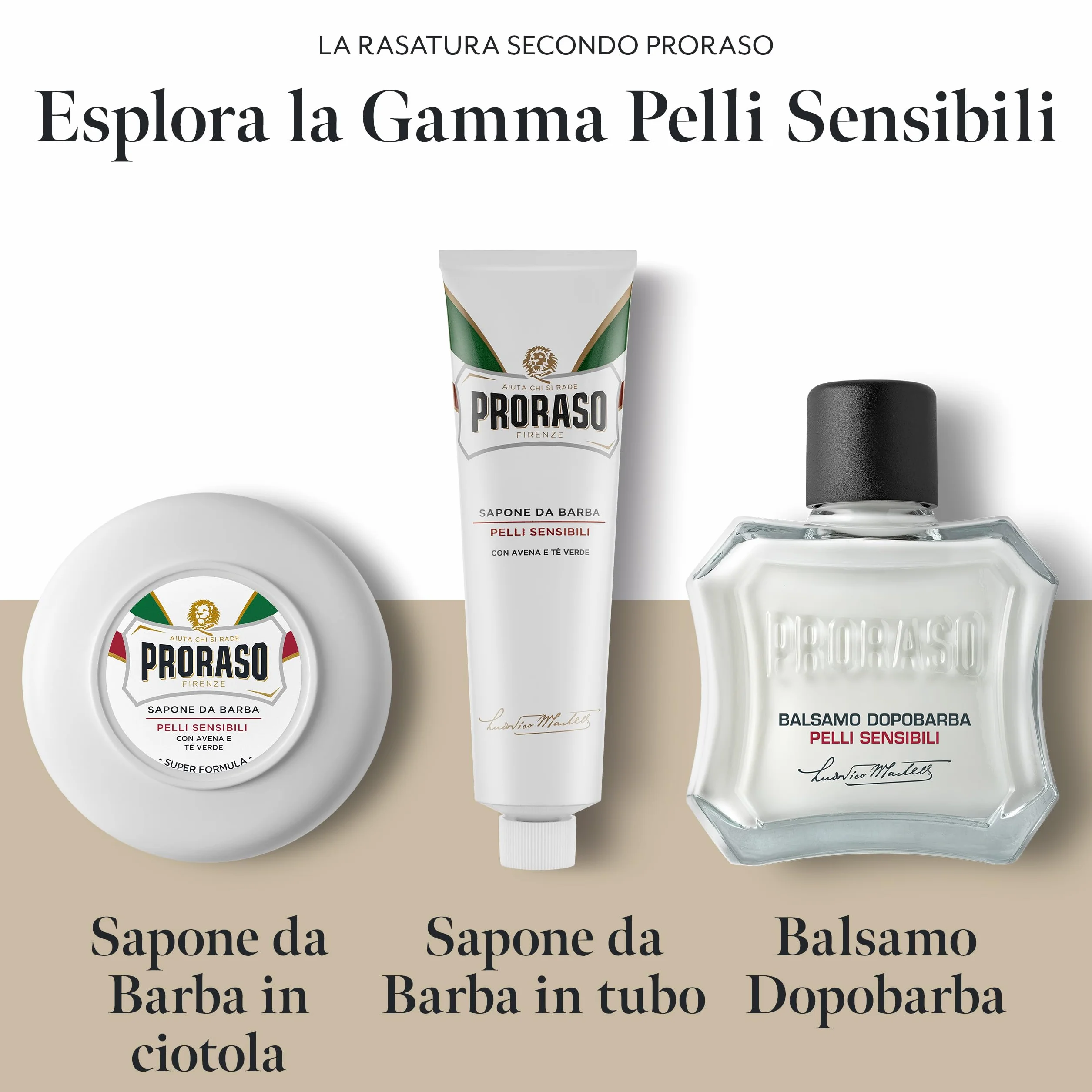 Proraso Mydło do golenia z wrażliwej skóry, 3 x 150 ml, mydło do golenia z ekstraktem z owsa i zielonej herbaty, wyprodukowane we Włoszech