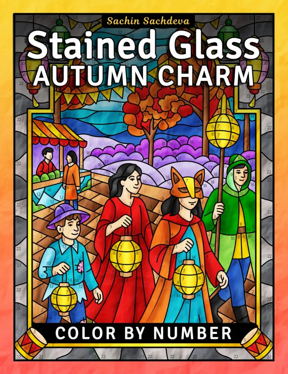 Stained Glass Autumn Charm: Color by Number Coloring Book for Adults, Fall Window Designs and Halloween Patterns for Stress Relief and Relaxation