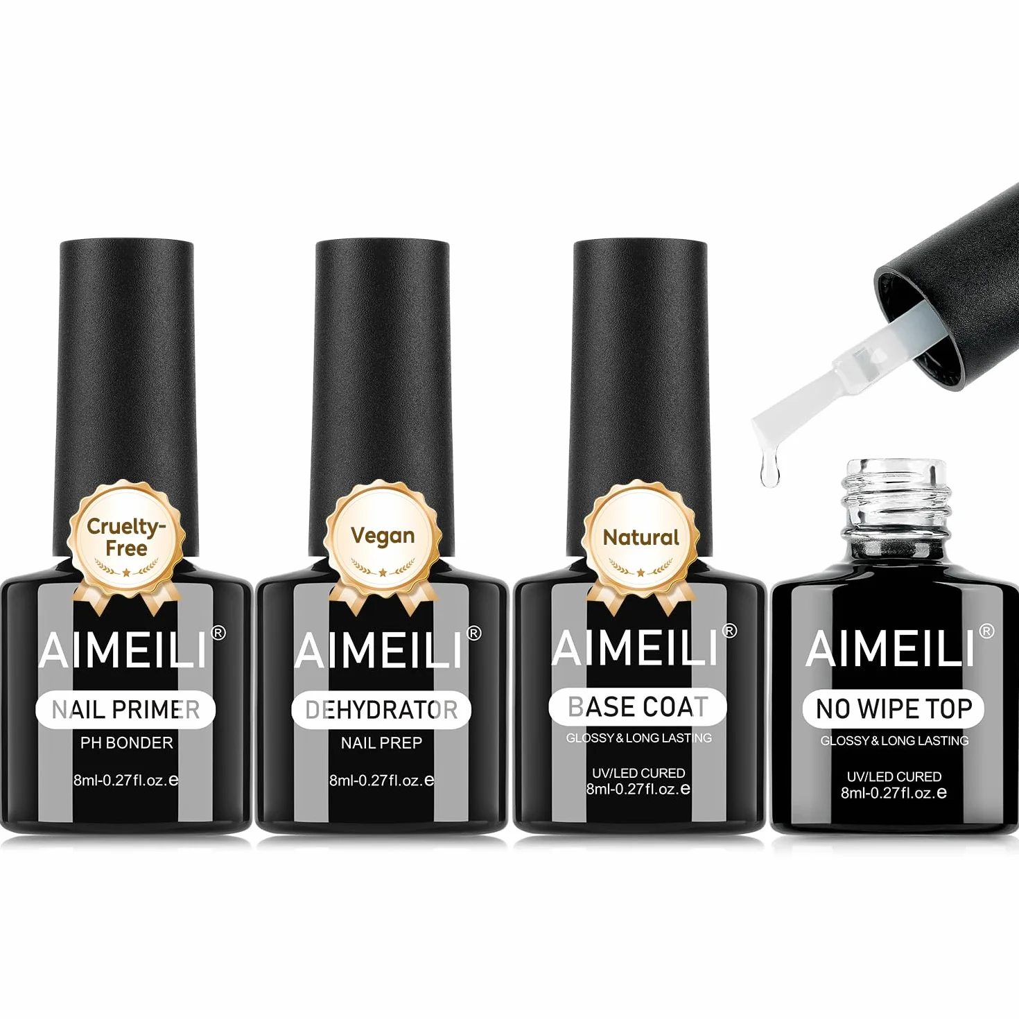 AIMEILI Nail Prep i Primer Base & Top Coat Paznokcie do żelu, dehydratora i podkładu oraz lakieru nawierzchniowego i półtrwałego zestawu do paznokci 4 x 8 ml