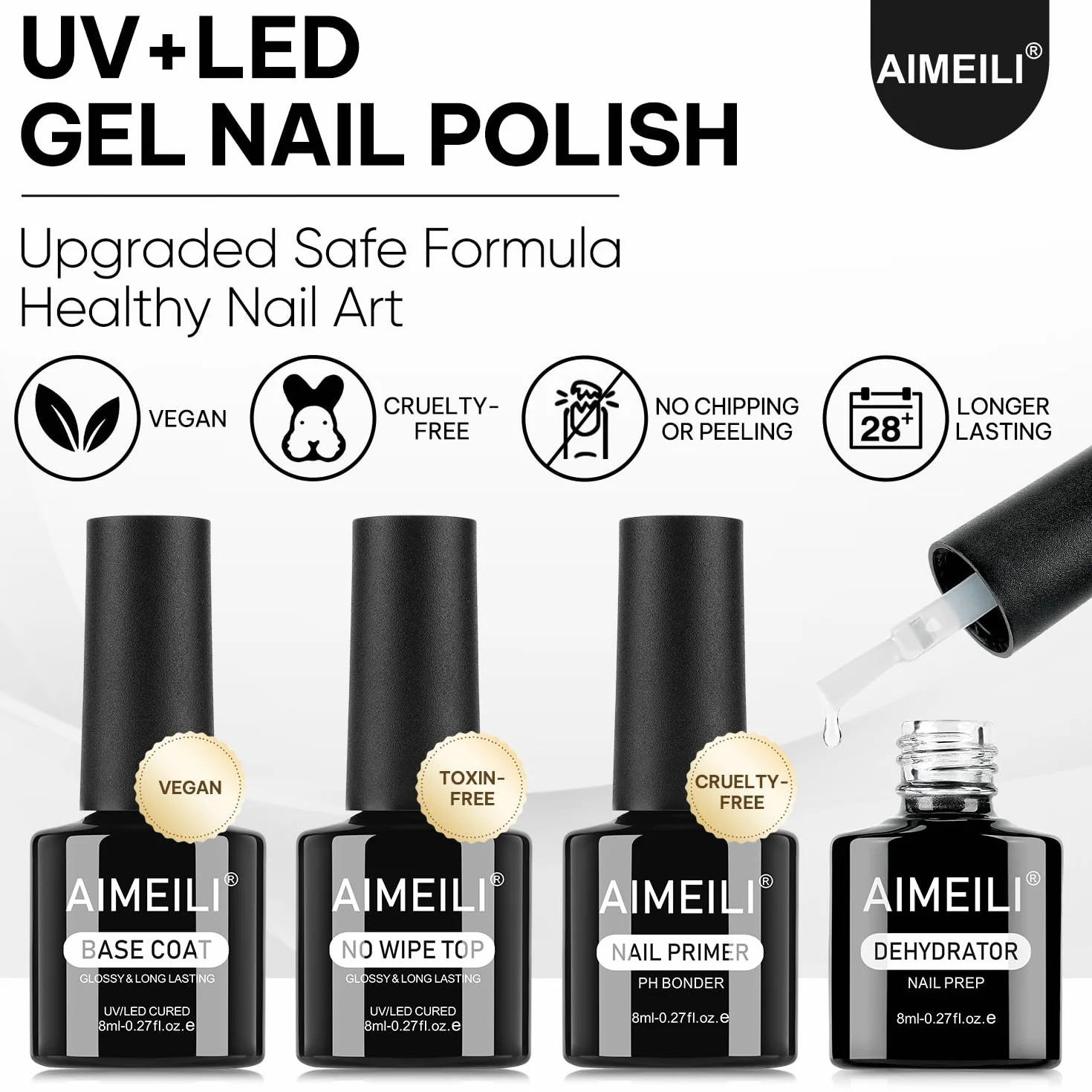 AIMEILI Nail Prep i Primer Base & Top Coat Paznokcie do żelu, dehydratora i podkładu oraz lakieru nawierzchniowego i półtrwałego zestawu do paznokci 4 x 8 ml