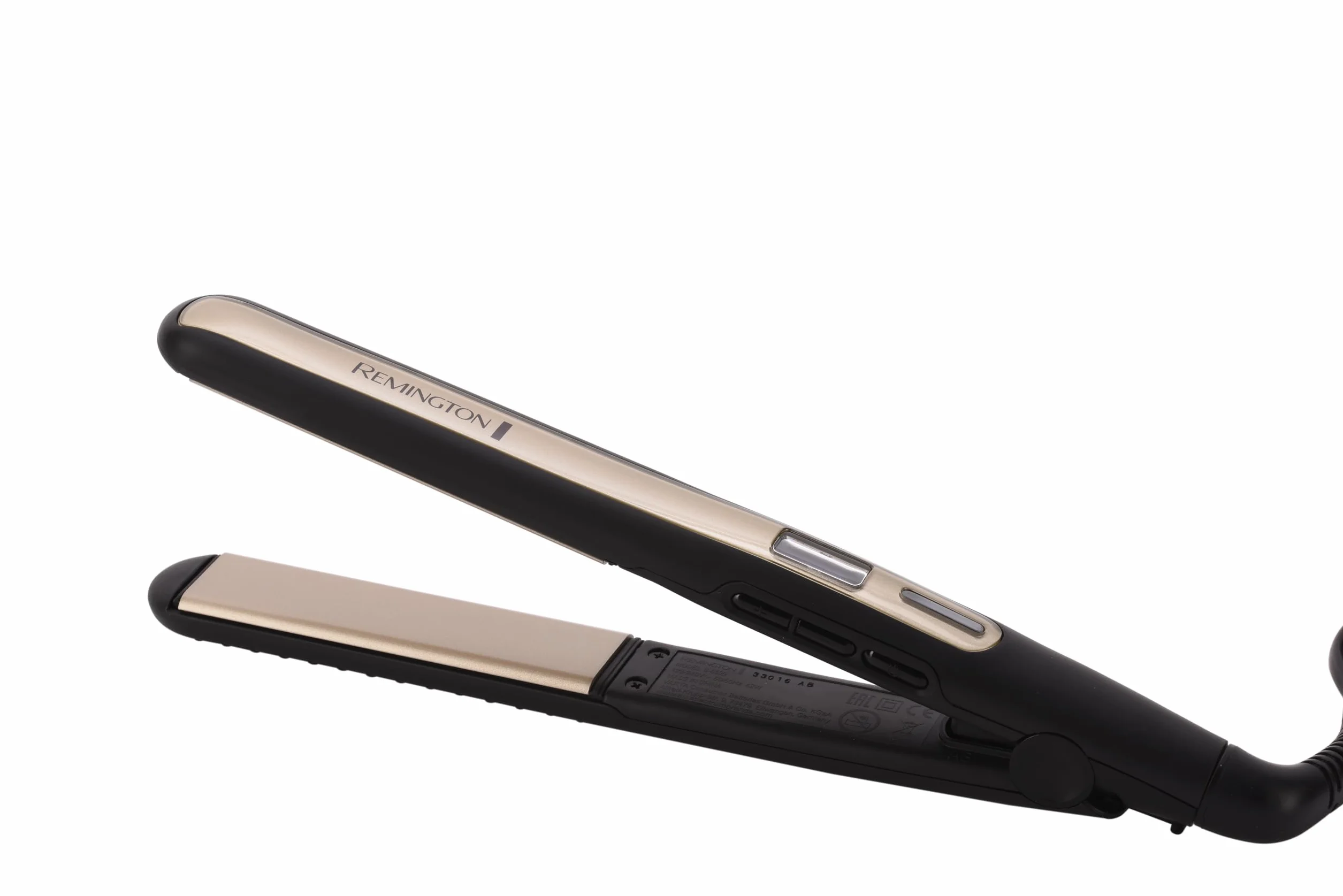 Remington prostownica do włosów z jonizacją, smukły kształt umożliwia kręcenie włosów, zakres temp. 150-230°C, szybkie nagrzewanie, obrotowy przewód, moc 42W, czarno-złota, Sleek&Curl S6500