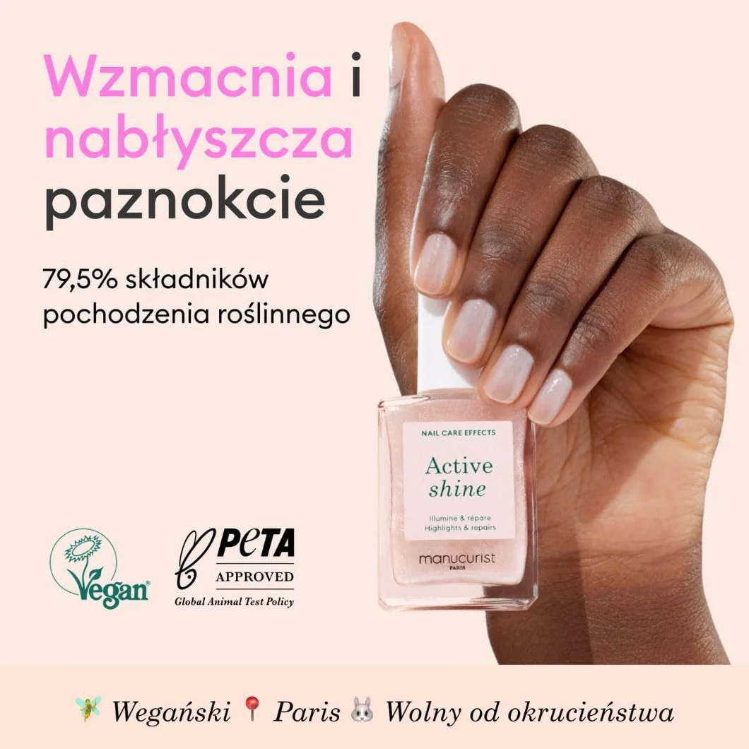 Manucurist Active Shine™ Żelowy lakier do paznokci, bez lampy, wegański, wyprodukowany we Francji, ultrabłyszczący, 2 w 1, Nude Nail Strengthener & Highlighter, składniki pochodzenia roślinnego