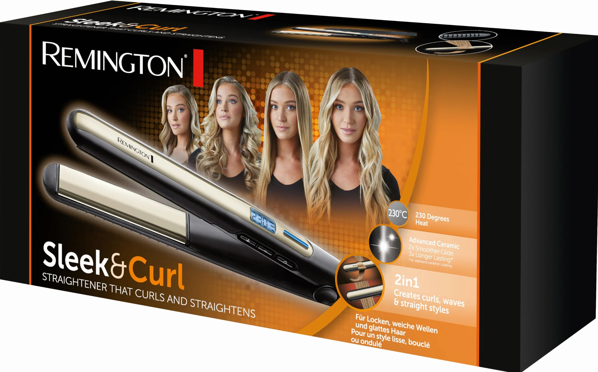 Remington prostownica do włosów z jonizacją, smukły kształt umożliwia kręcenie włosów, zakres temp. 150-230°C, szybkie nagrzewanie, obrotowy przewód, moc 42W, czarno-złota, Sleek&Curl S6500