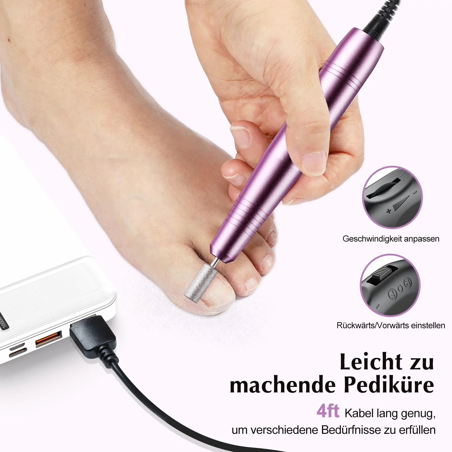 COSLUS Elektryczna frezarka do paznokci żelowych: 20 000 obr./min, drut regulowana prędkość i kierunek obrotów, zestaw do manicure i pedicure, pilnik do paznokci żelowych, akrylowych (fioletowy)