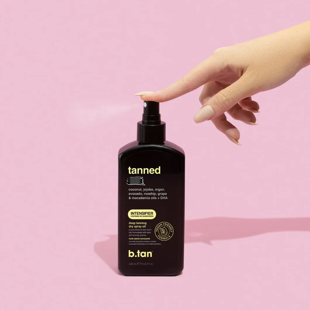 b.tan Intensifier Deep Tanning Dry Spray Oil | Opalony AF – uzyskaj szybszą, ciemniejszą opaleniznę dzięki aktywnym składnikom przyspieszającym opalanie, wypełniony olejkami ultra nawilżającymi, aby utrzymać skórę nawilżoną, wegański, 8 uncji uncji