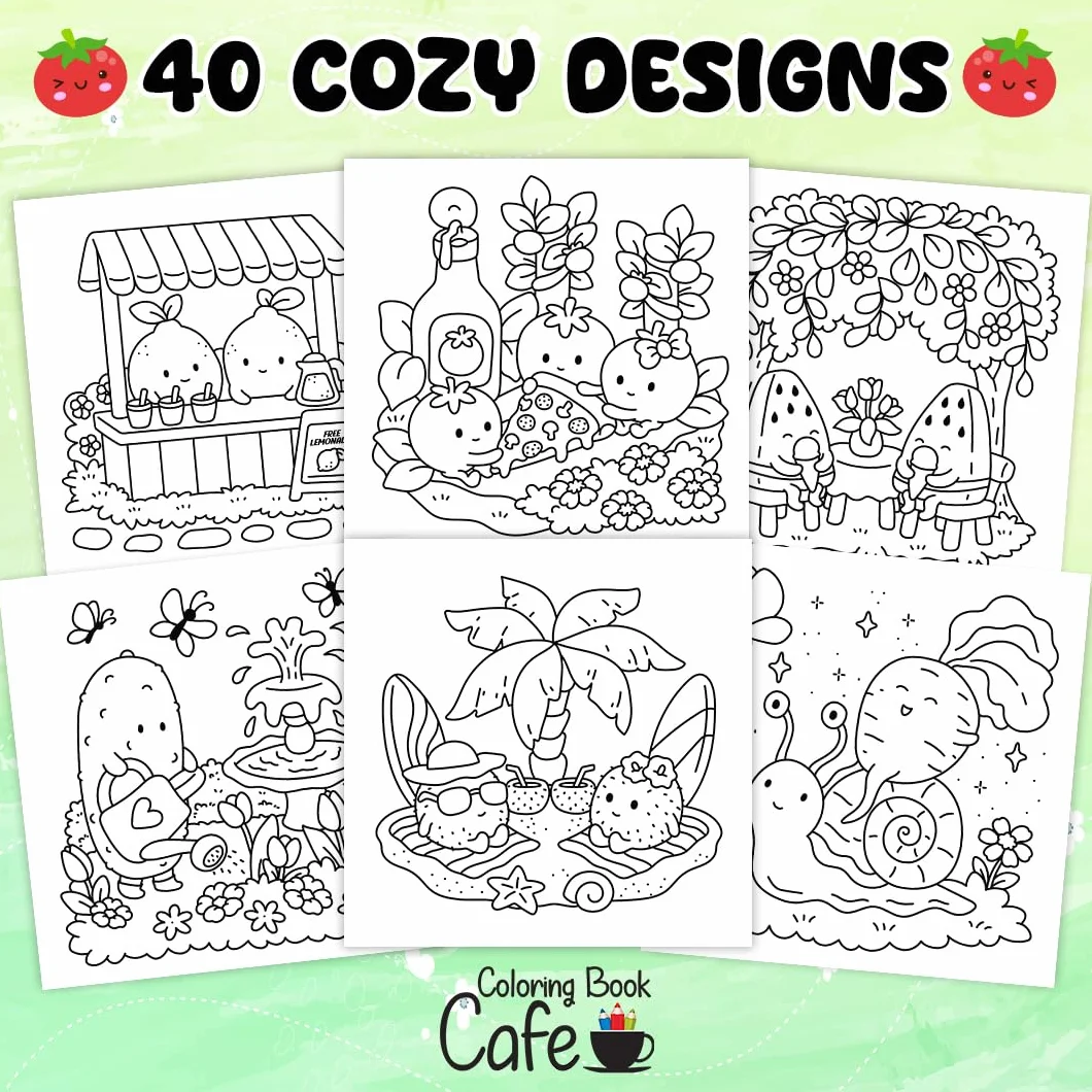 Cozy Foodie: Coloring Book for Adults and Teens Featuring Adorable Fruit and Veggie Characters in Whimsical Cozy Scenes