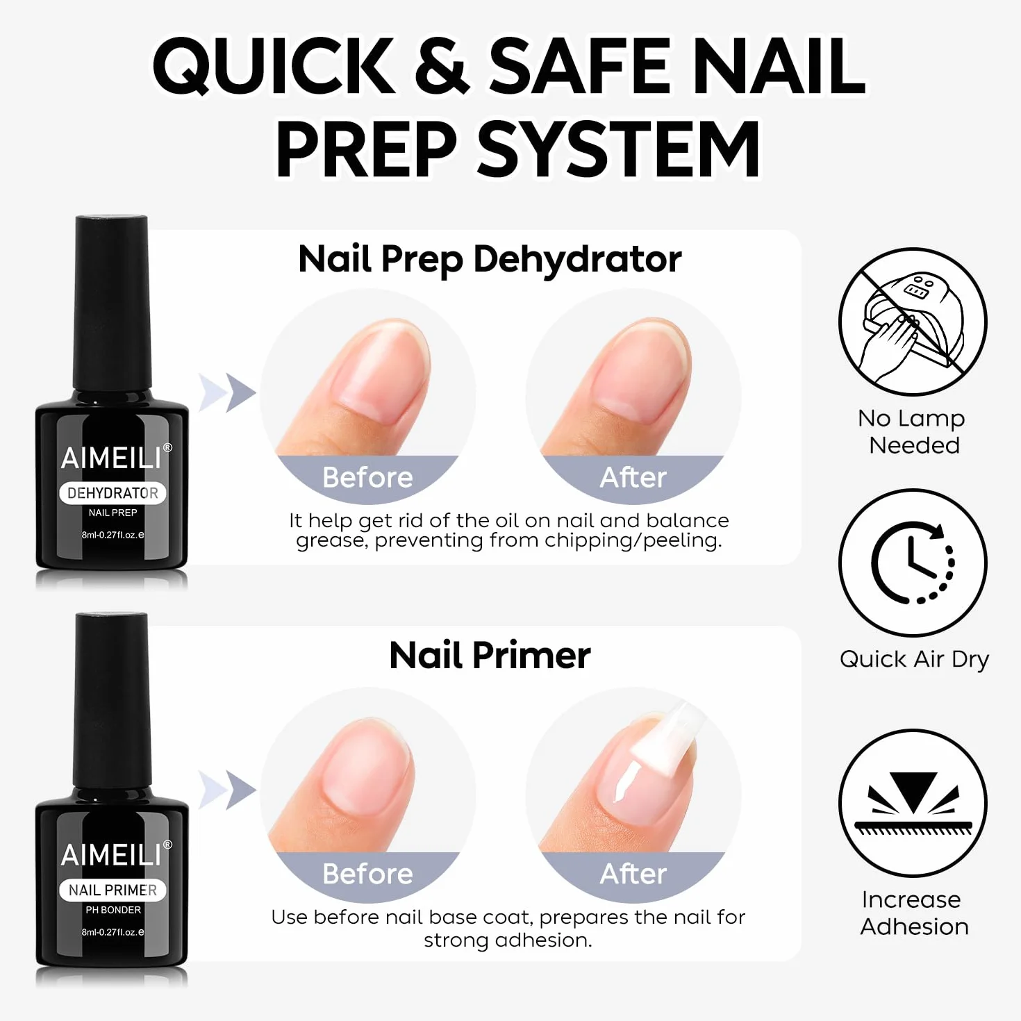 AIMEILI Nail Prep i Primer Base & Top Coat Paznokcie do żelu, dehydratora i podkładu oraz lakieru nawierzchniowego i półtrwałego zestawu do paznokci 4 x 8 ml
