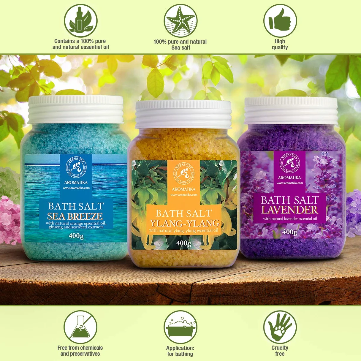Zestaw do Kąpieli Sole - Lawendą - Morska Bryza - Ylang-Ylang - Olejki Eteryczne - 3x400g - Kojąca Kąpiel - Sole do Kąpieli - Relaksacyjna Sól do Kąpieli - Aromaterapia - Kąpiel z Morskimi Solami